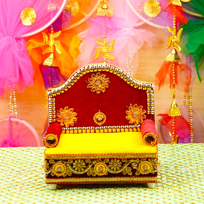 Royal Velvet Yellow and Maroon Singhasan for Bal Gopal 8 Inch