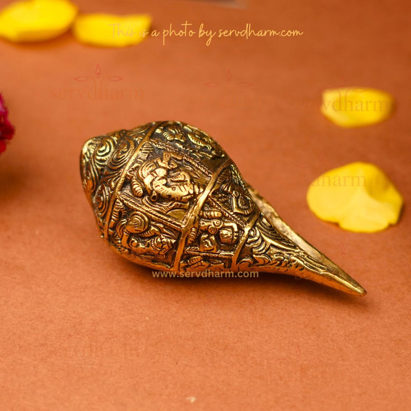 Brass Ganesh Shankh with Carvings (5.5 Inch) - With Luxurious Gift Box | 470g