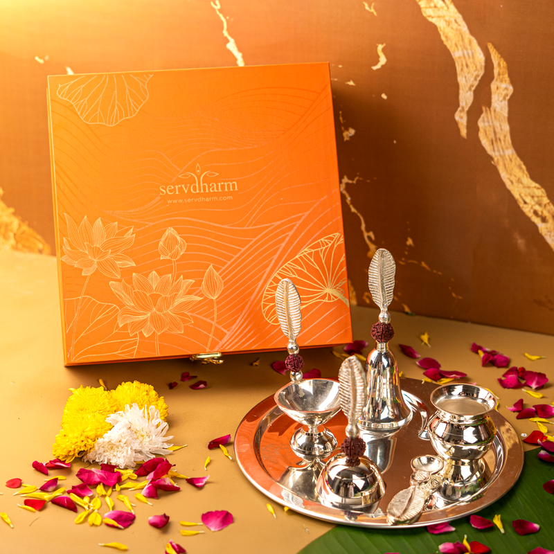 Silver Plated Rudraksha Pooja Thali Set with Premium Gift Box