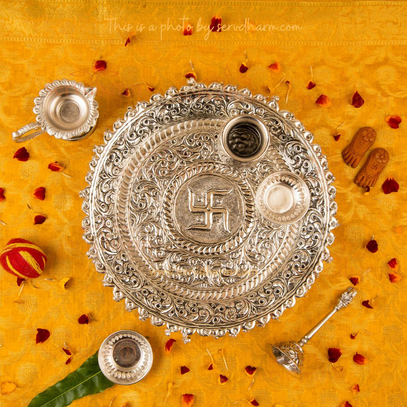 Intricately Designed Silver Plated Pooja Thali Set with Floral Patterns | 820g